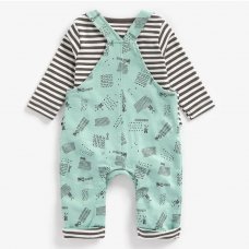 MX402: Baby Boys Farm Print Dungaree & stripe Bodysuit Outfit (0-18 Months)